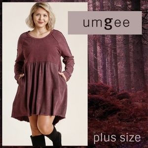 Umgee Linen Blend Mineral Washed French Terry Dress W/Frayed Details & Pockets